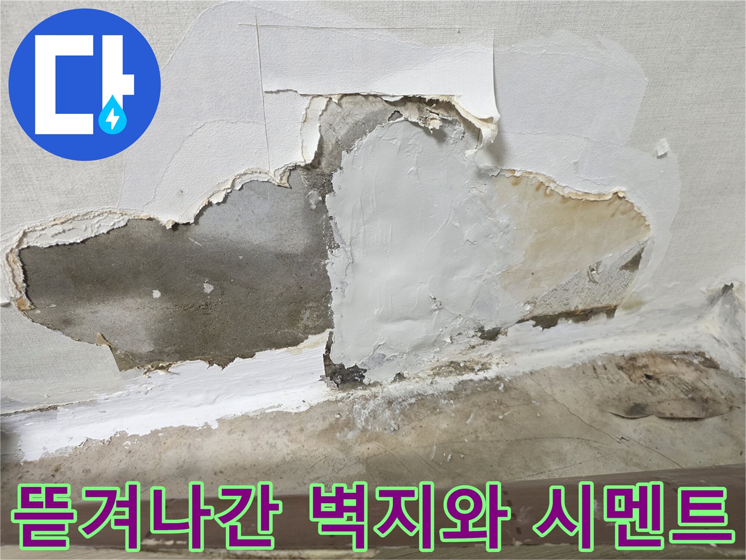 오정구 누수 현장-젖은 벽면과 파헤쳐진 벽지 상태