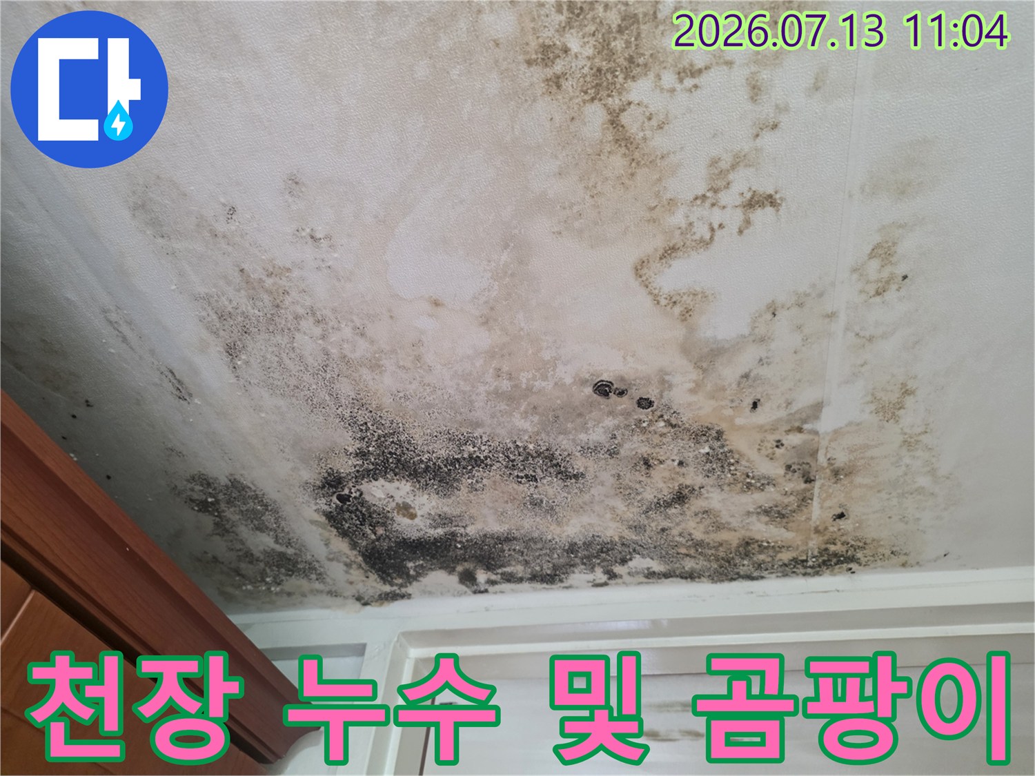 오염된 마감재와 곰팡이가 핀 아파트 천장부위