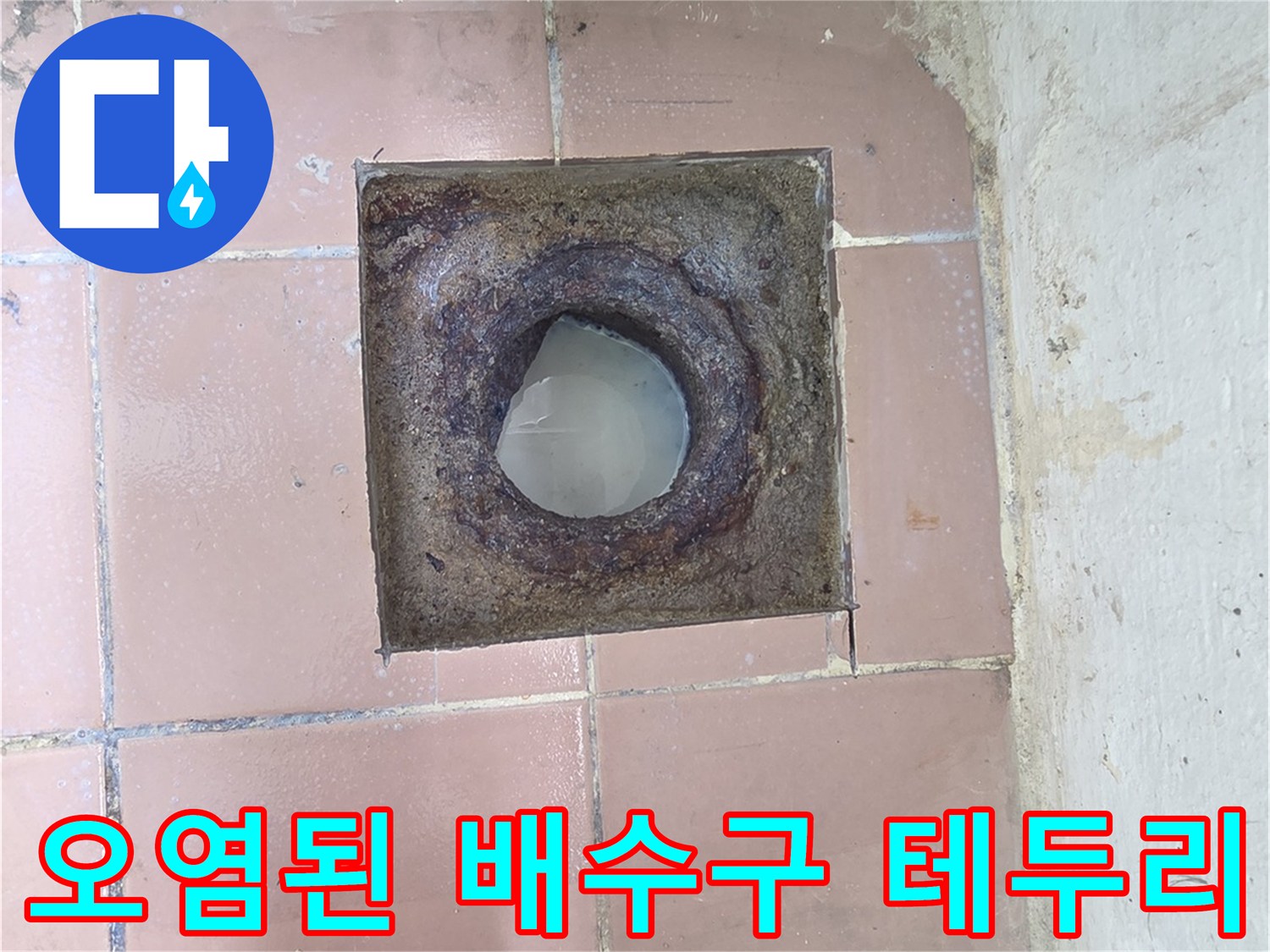 부식과 오염이 심한 세탁실 배수구 클로즈업