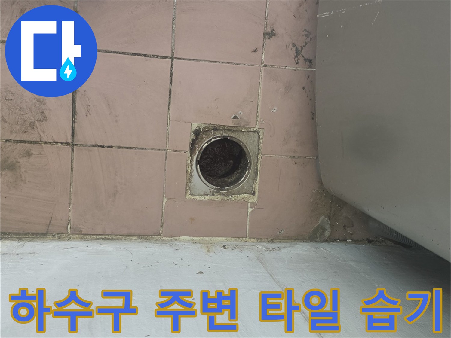 세탁실 배수 트랩 주변-타일 틈새로 스며든 수분 확인