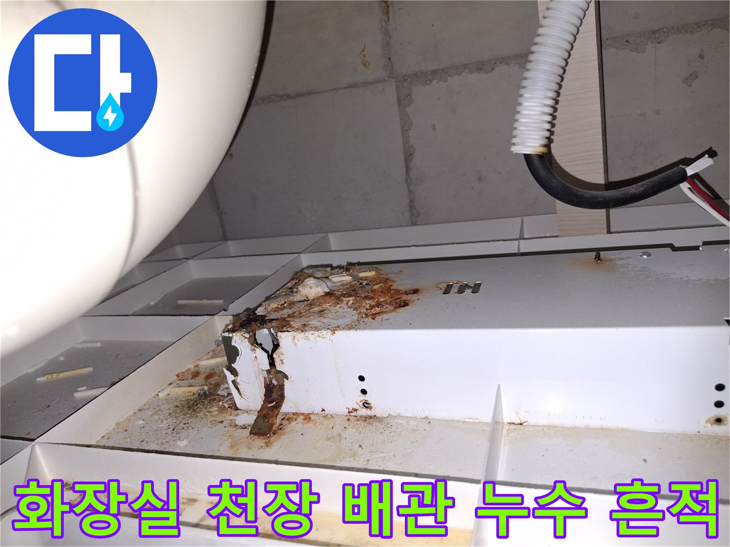 하남 위례 아파트 화슬실 천장 내부-배관 주변 오염 상태