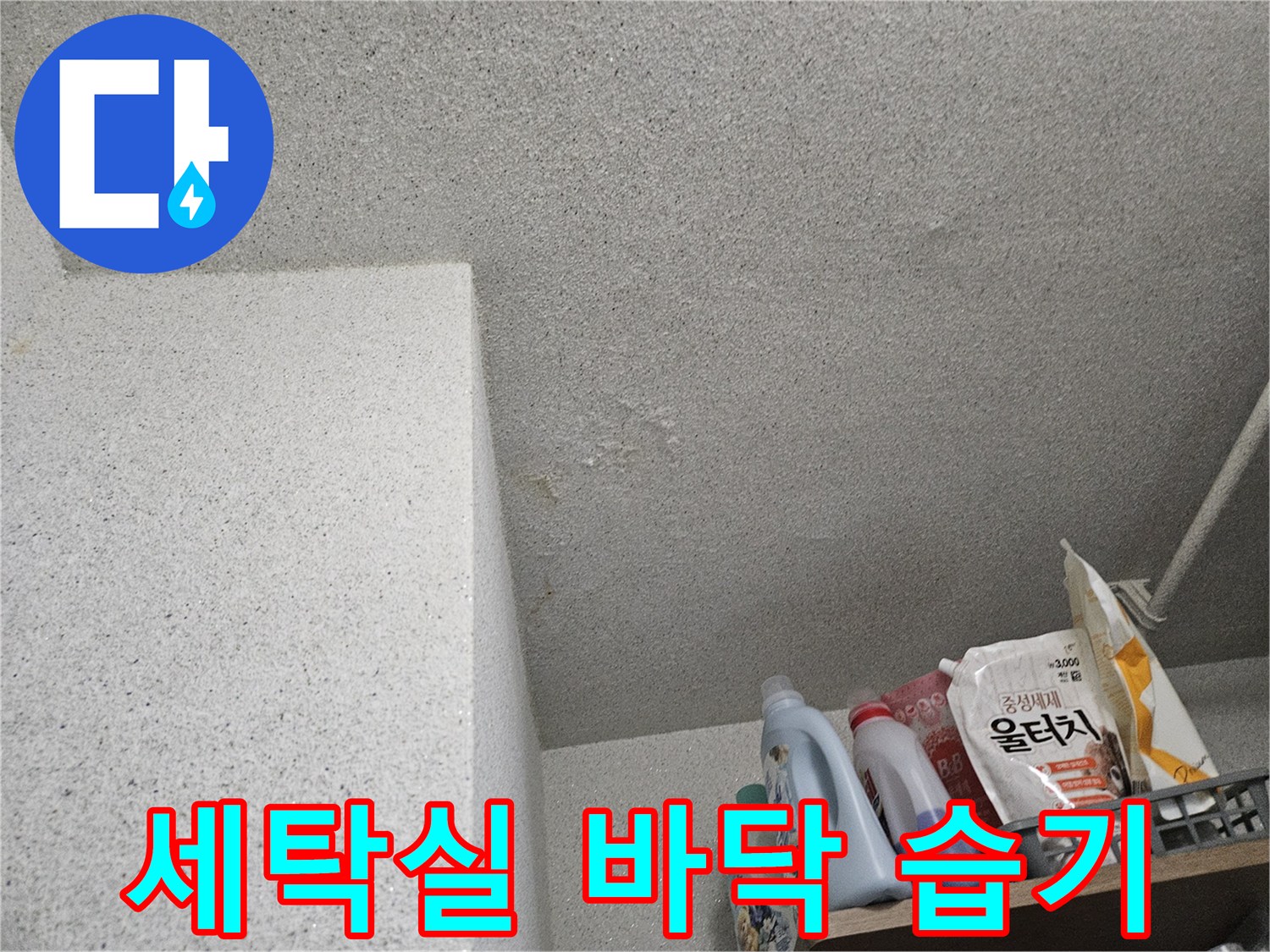 물기가 스며든 세탁실 구석 타일 - 누수 의심 부위 촬영