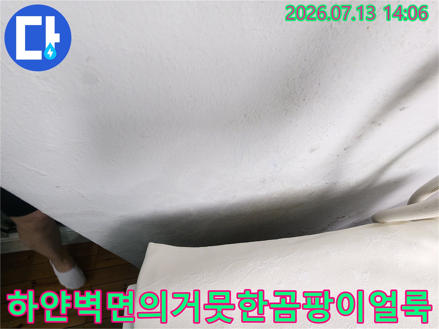 흰색-벽지에-거뭇하게-퍼진-누수-흔적과-곰팡이-모습