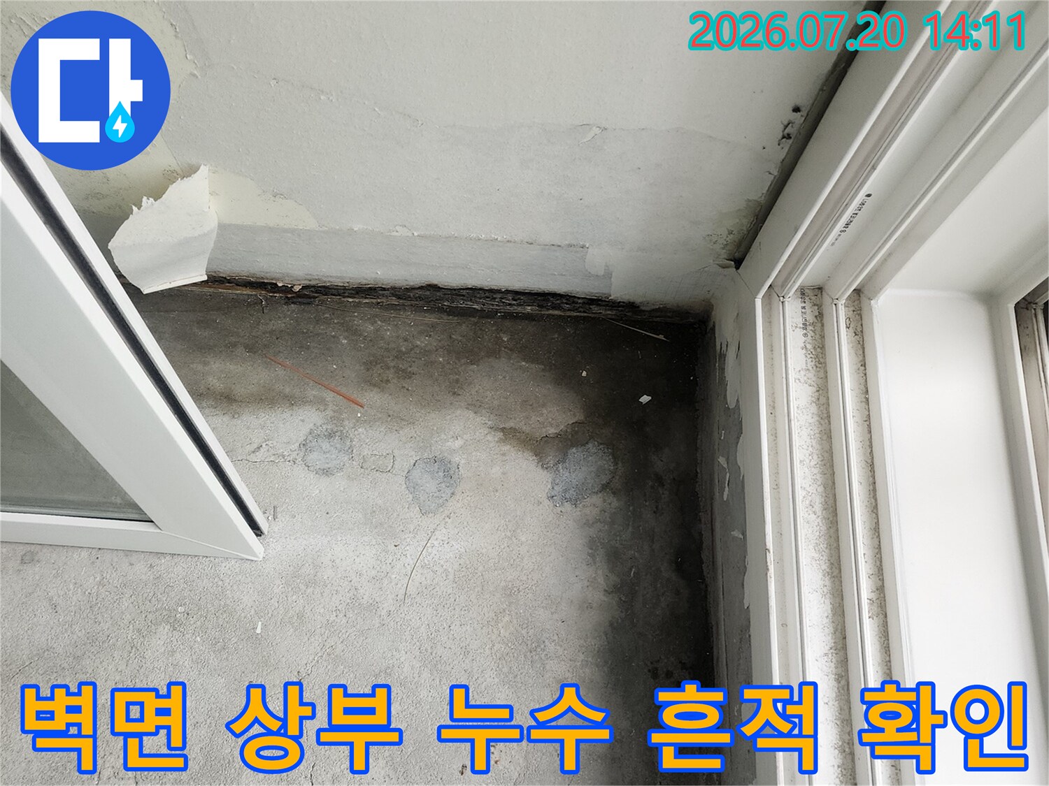 천장 모서리와 벽체가 만나는 지점에 발생한 곰팡이 및 얼룩