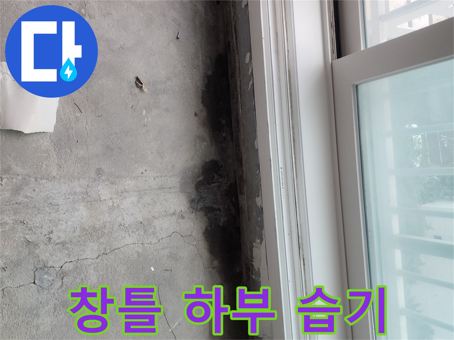 콘크리트 벽면에 나타난 심한 습기와 오염 부위