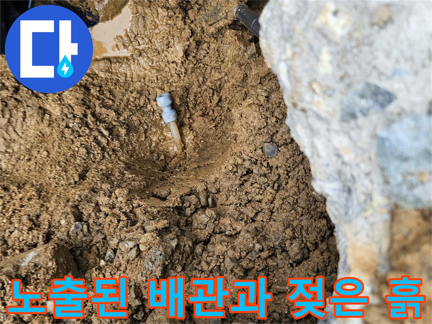 물이 새는 지점-축축하게 젖은 토사와 배관 부속