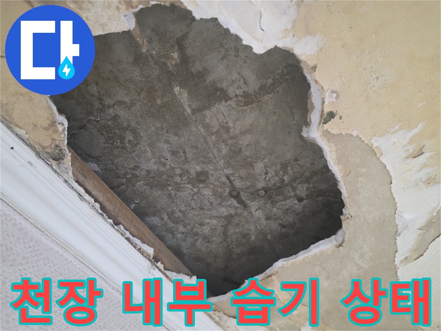 누수 피해로 인해-넓게 번진 천장 콘크리트 얼룩