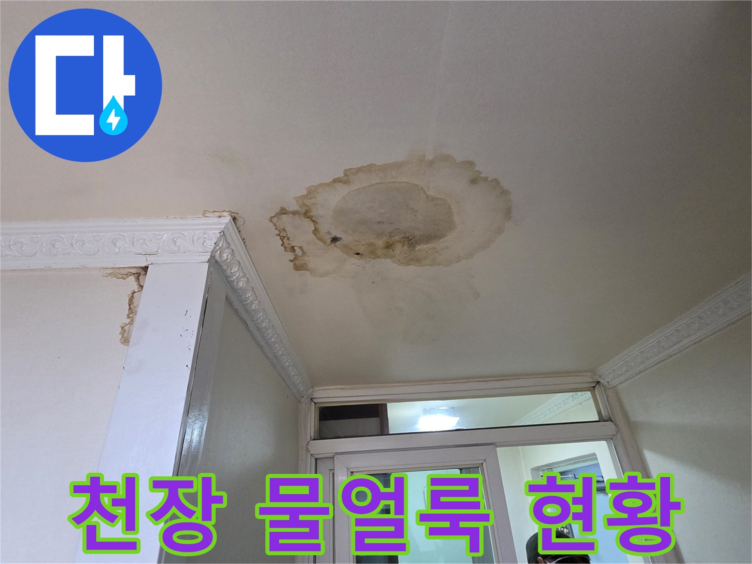 아래층 천장에 발생한 커다란 물 얼룩과 젖은 흔적