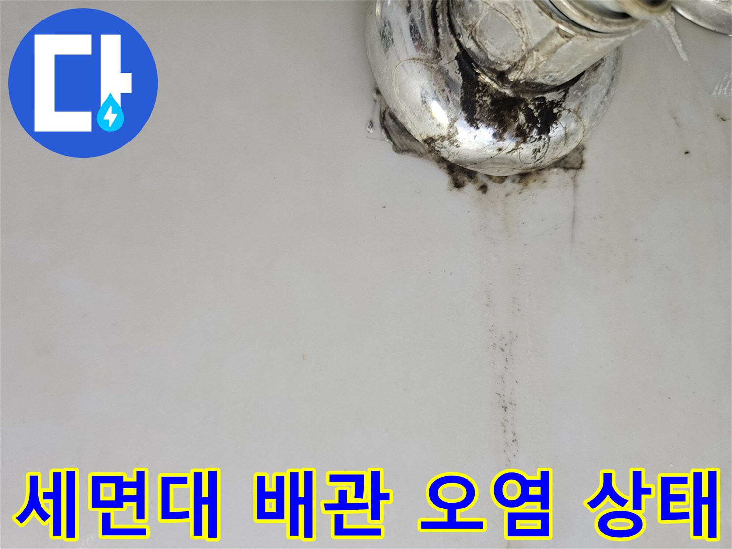 배관 연결 지점 - 물이 스며 나온 듯한 검은색 변색 및 곰팡이