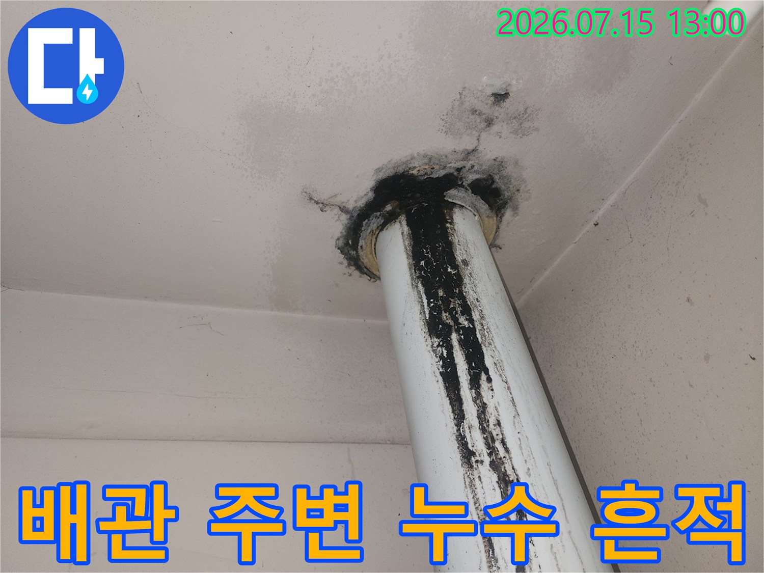 오염된 천장 배관부의 상세한 현장 사진