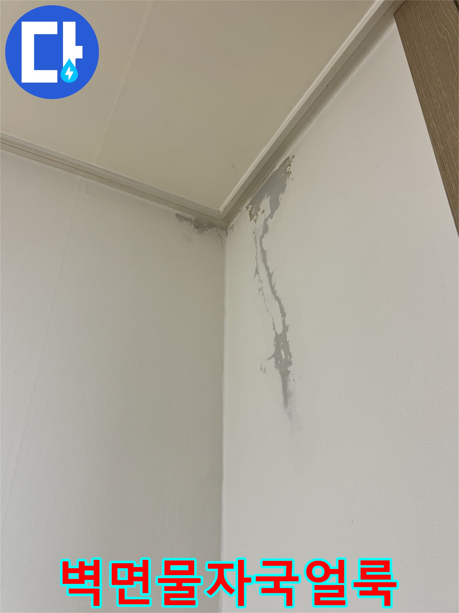 벽지 상단에 발생한 회색 물자국과 습기 흔적