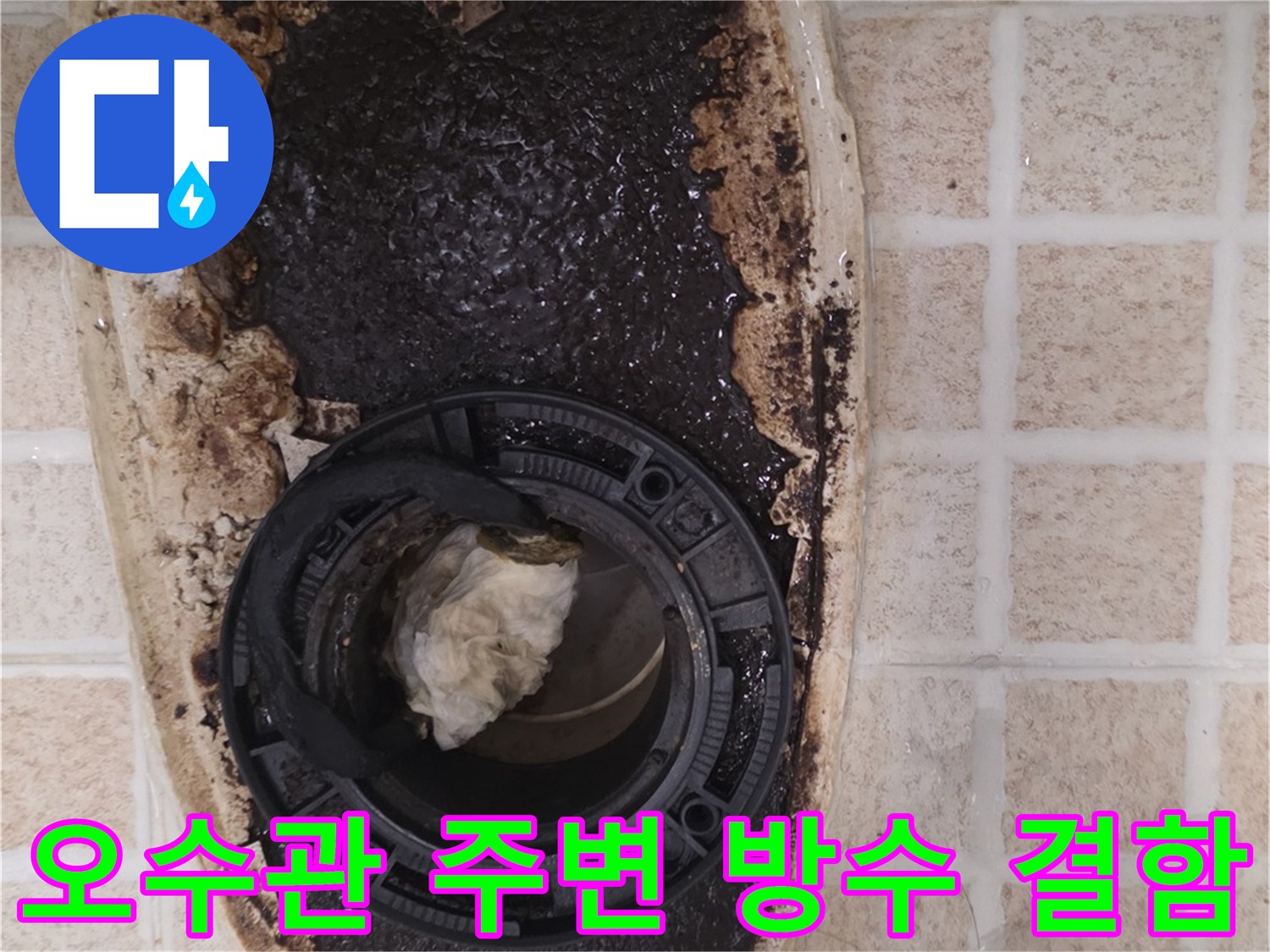 오수관 배관 주위에 검게 변한 오염물과 젖은 타일의 모습입니다.