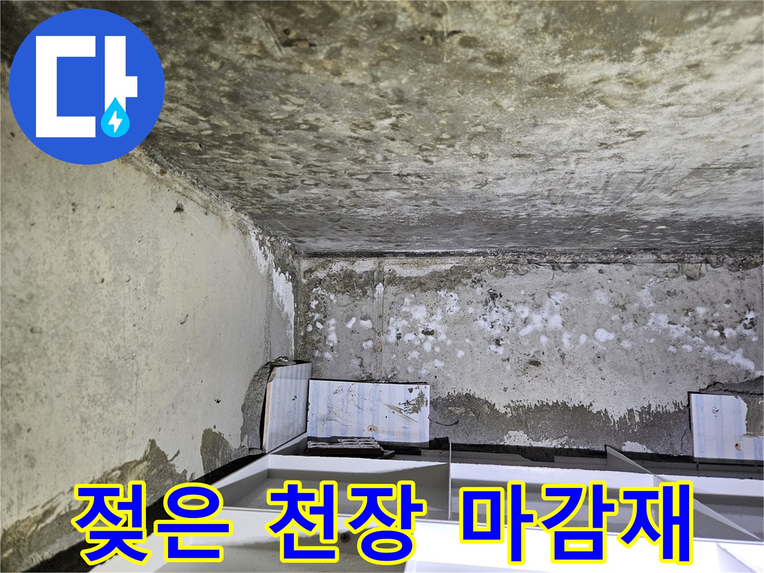물샘으로 인해 하얗게 일어난 화장실 천장 부위