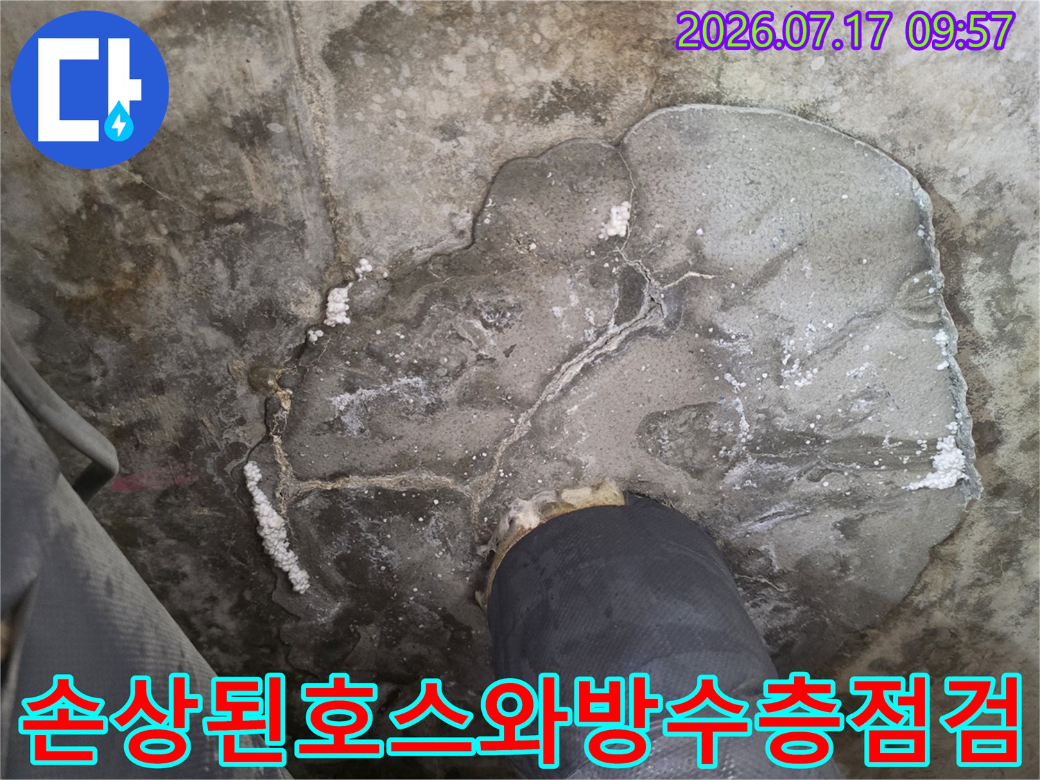 화장실 배수 호스의 파손 상태와 주변 방수 기능 저하 구간 촬영