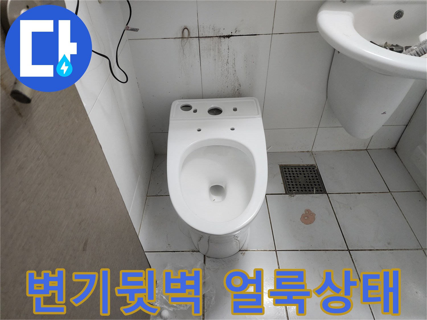 화장실 변기 뒷면 벽타일에 발생한 검은색 곰팡이와 물자국