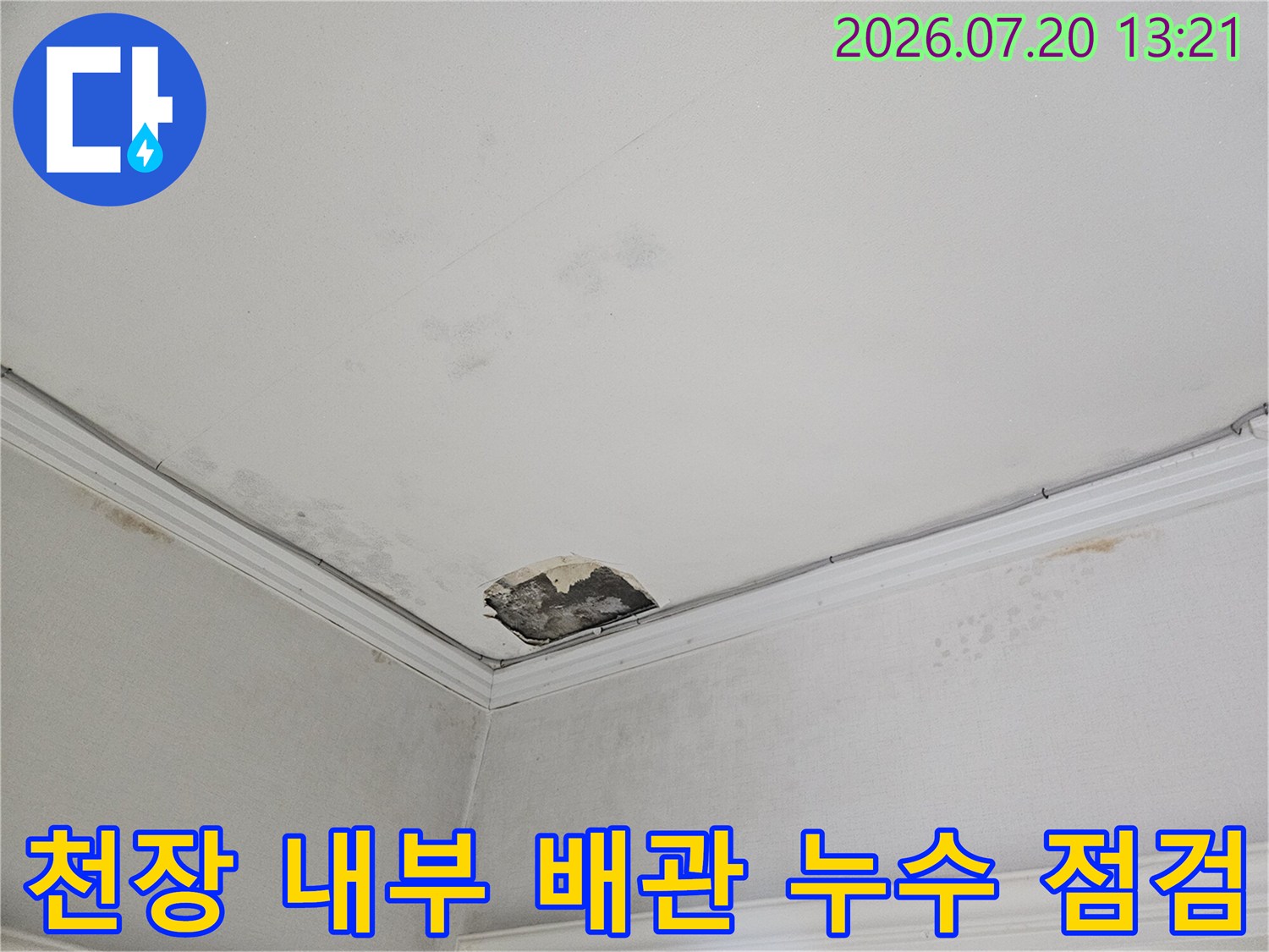 배관 결함으로 인해 발생한 천장 안쪽의 물샘 흔적과 오염도 확인