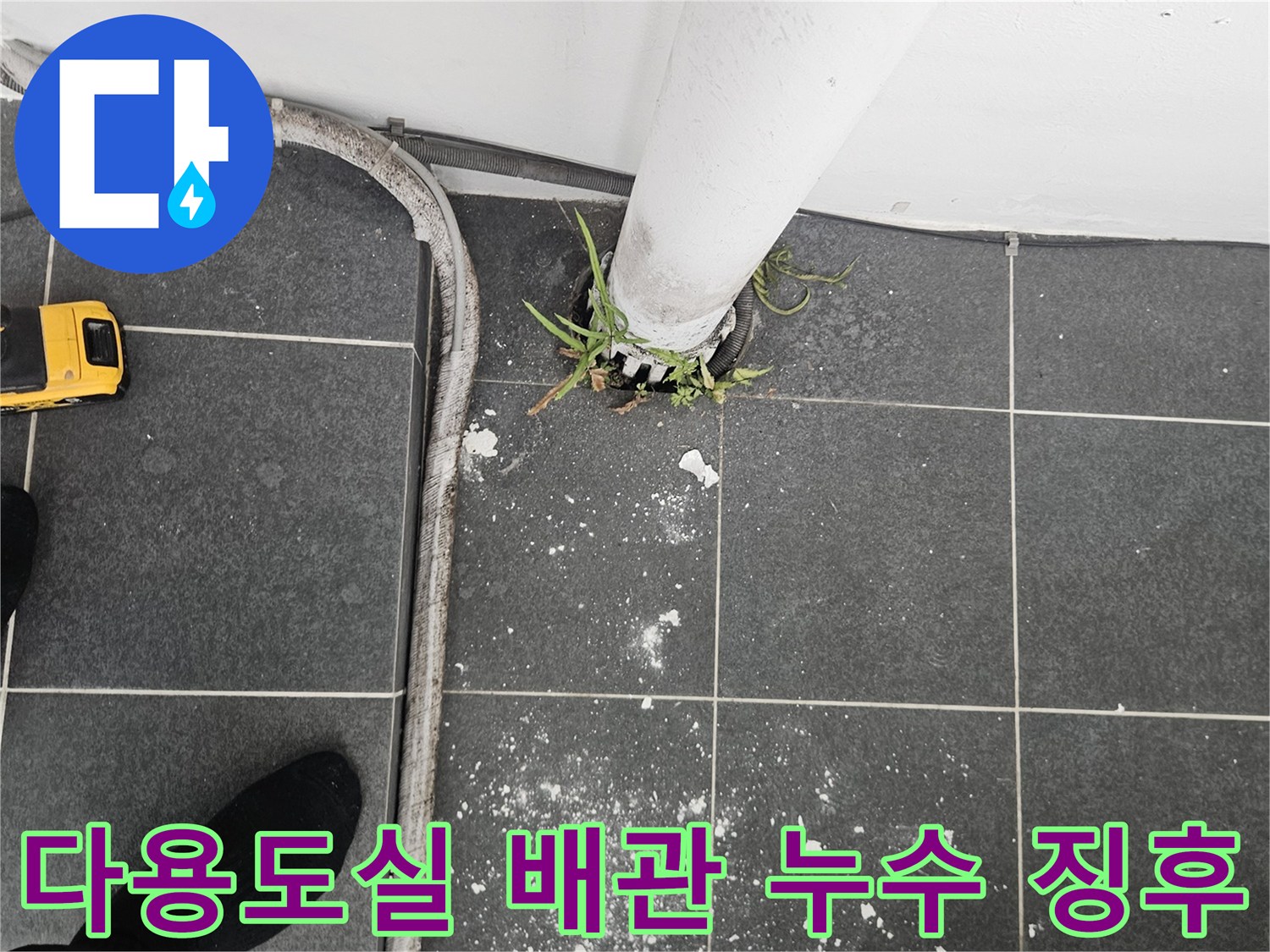 하수관 주변 타일의 습기 머금은 상태와 얼룩