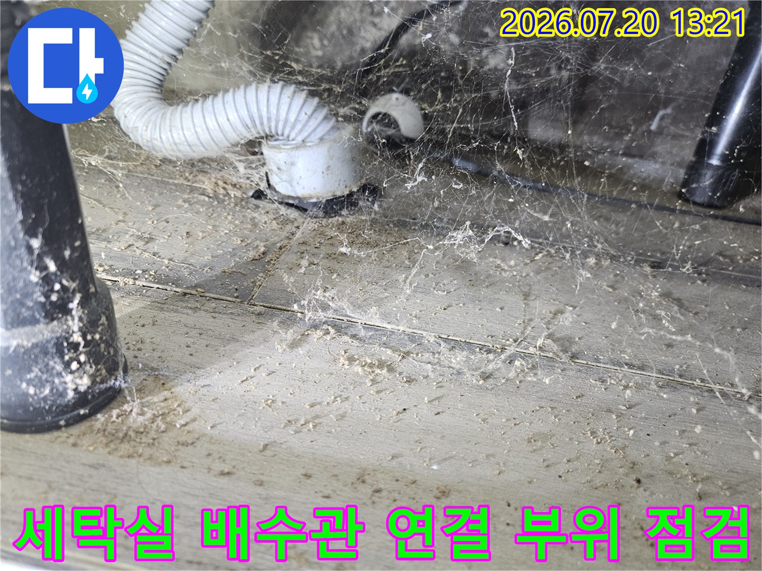 하얀색 주름관이 연결된 세탁실 배수관과 주변의 오염된 바닥면