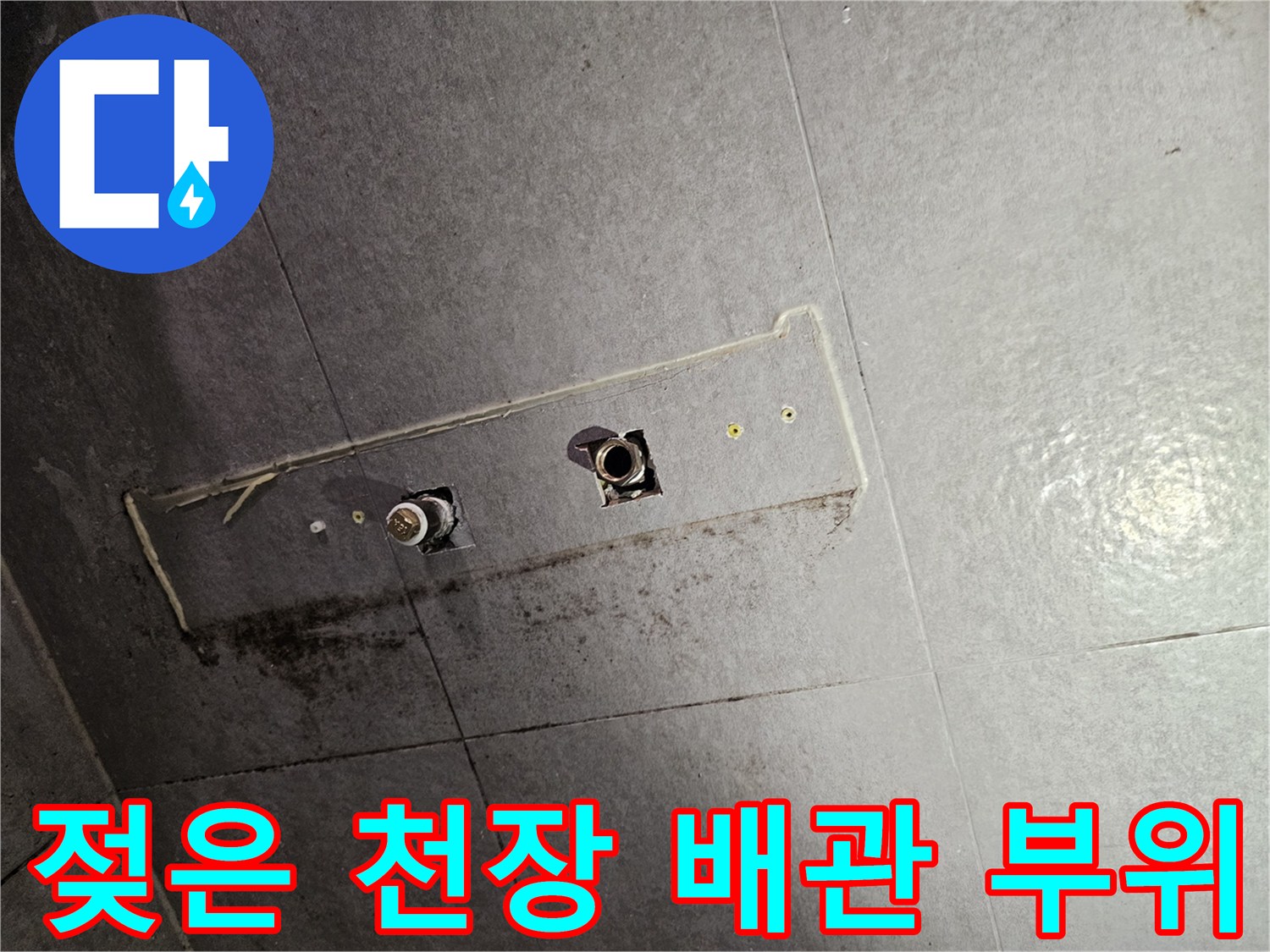 화장실 천장 배관 주변의 물때와 젖은 타일 상태를 나타내는 이미지
