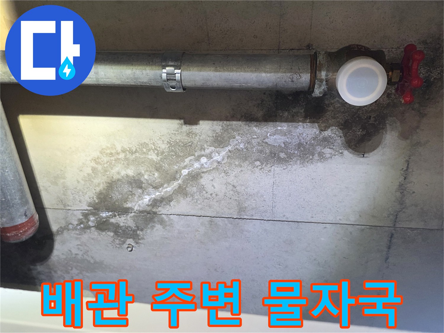 배관 연결 부위와 젖어 있는 천장 슬래브의 모습