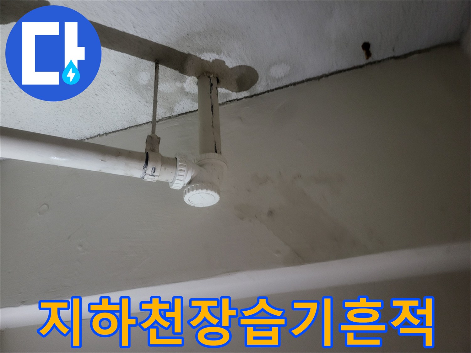습기로 인해 변색된 지하층 배관 주변의 천장 마감재