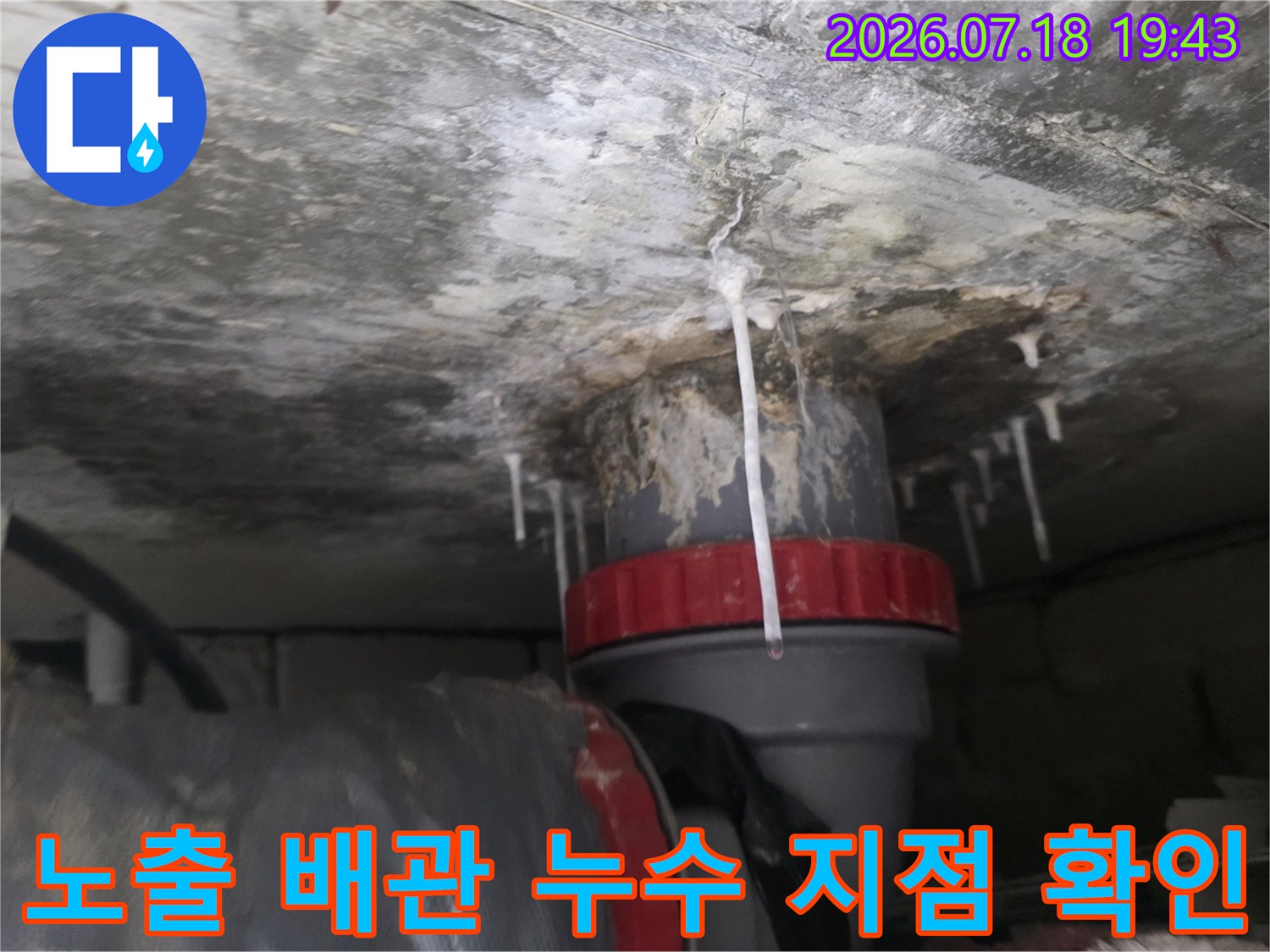 천장 배관 연결부의 균열과 물 고임 현상을 점검하는 장면