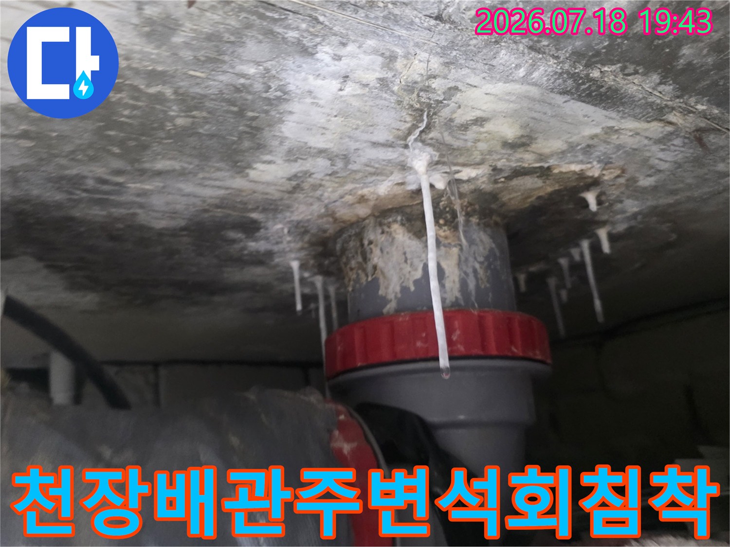 천장 배관에 맺힌 물방울과 석회 침전물이 보이는 현장 사진