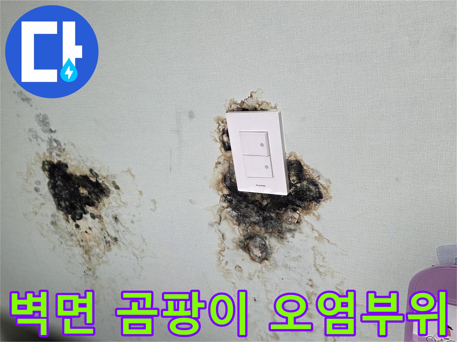 스위치 옆 벽면-검은 곰팡이와 물자국 흔적