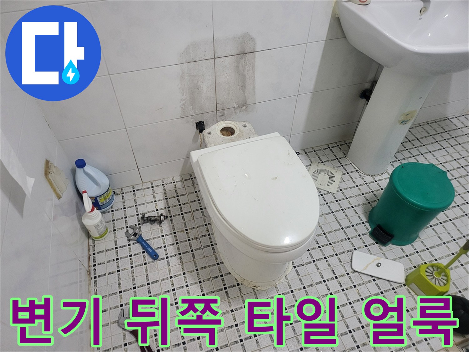 변기 뒷벽 타일에 발생한 누수 흔적과 습기 상태