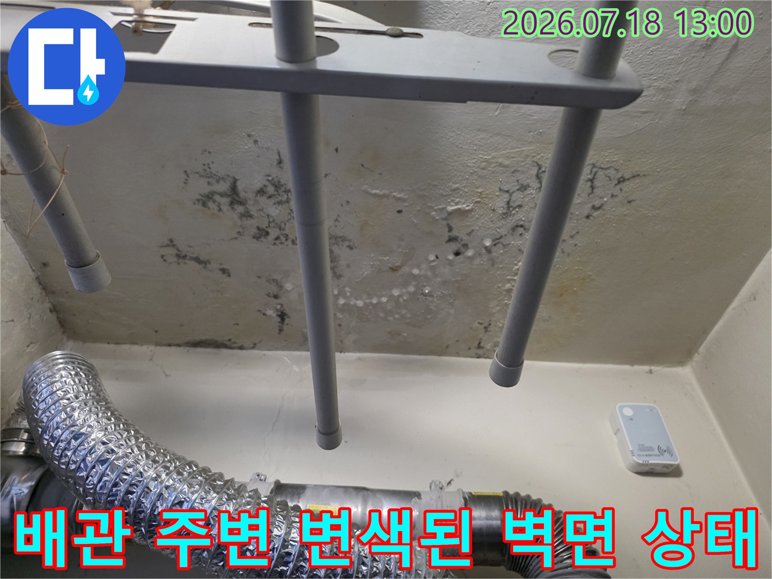 회색 배관과 지지대 뒤쪽으로 넓게 퍼져 있는 습기 얼룩 및 검은 곰팡이 흔적