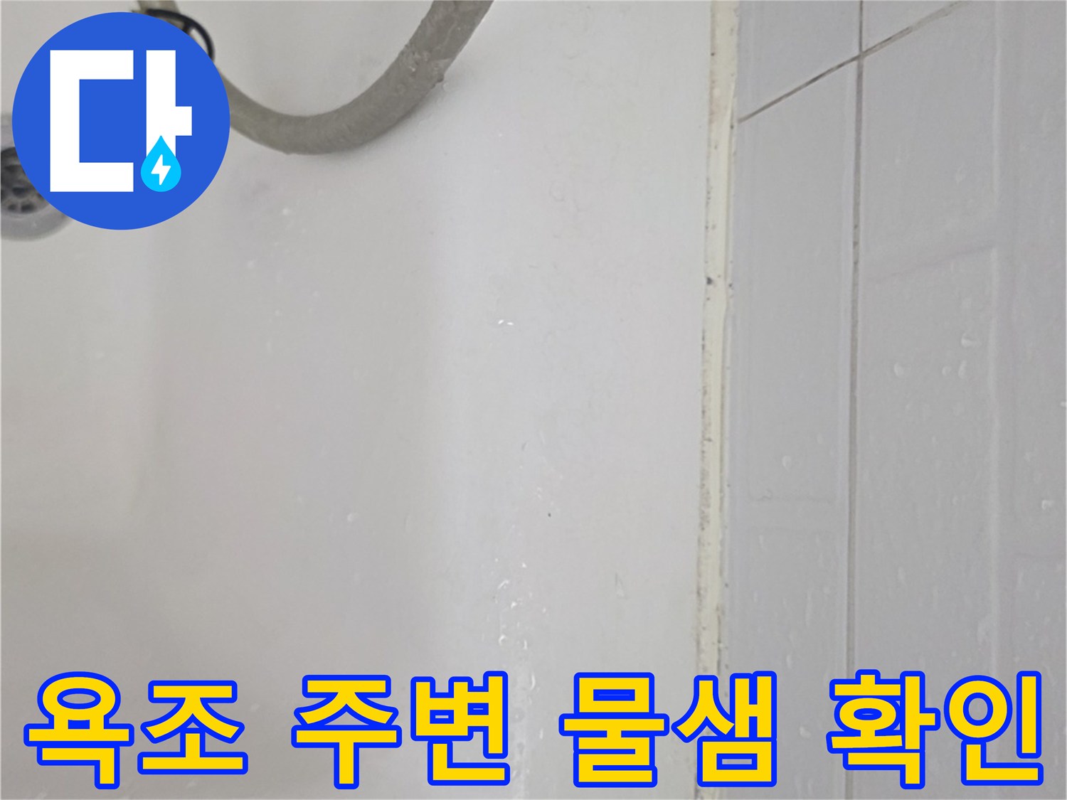 욕조 옆 타일 틈새와 하수구 주변의 물기 상태를 보여주는 사진입니다.