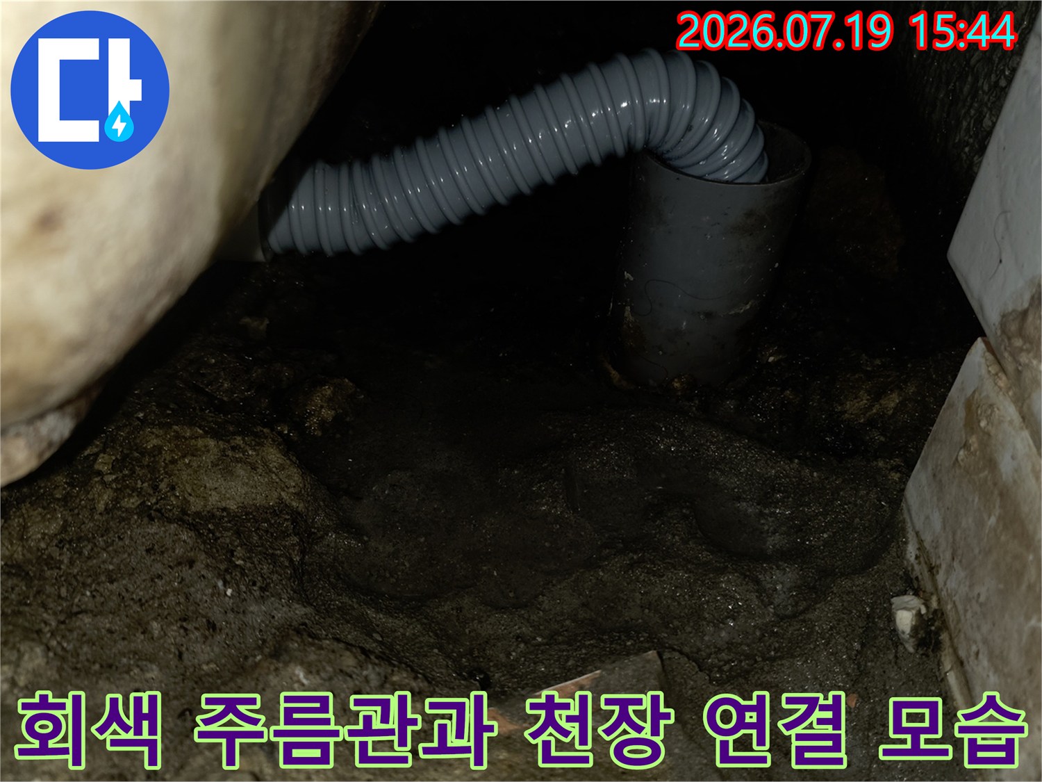 화장실 천장 안쪽에 설치된 굴곡진 회색 플라스틱 하수 배관의 상세 모습