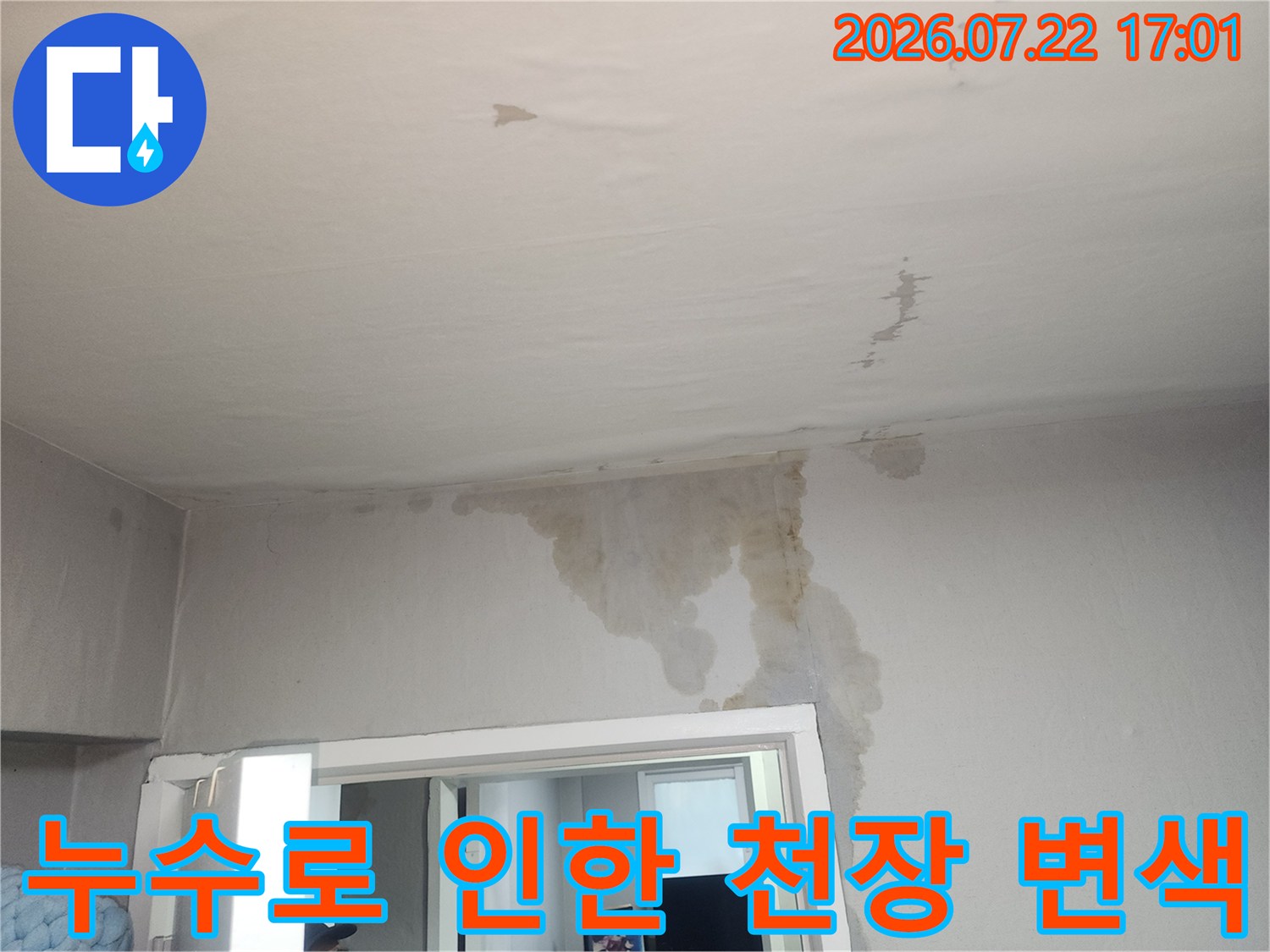 먼지 쌓인 천장과 누수 얼룩이 섞여 있는 거실 내부