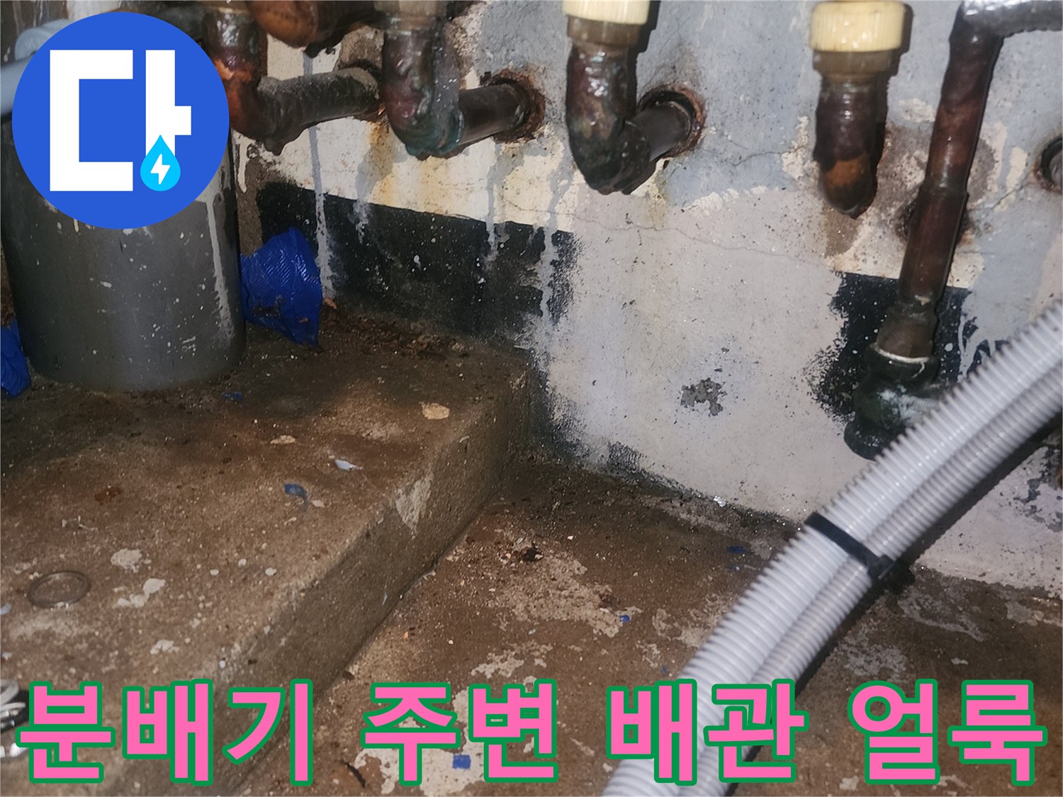 물샘 흔적이 있는 분배기 하단 배관 연결부