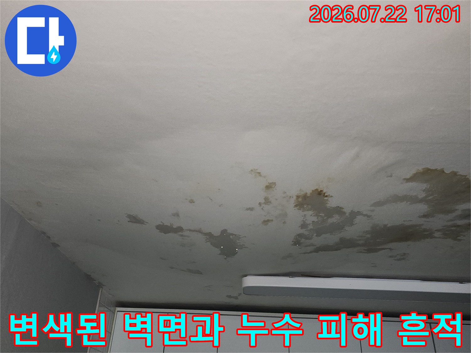 물샘으로 인해 변색되고 부풀어 오른 실내 벽면의 모습