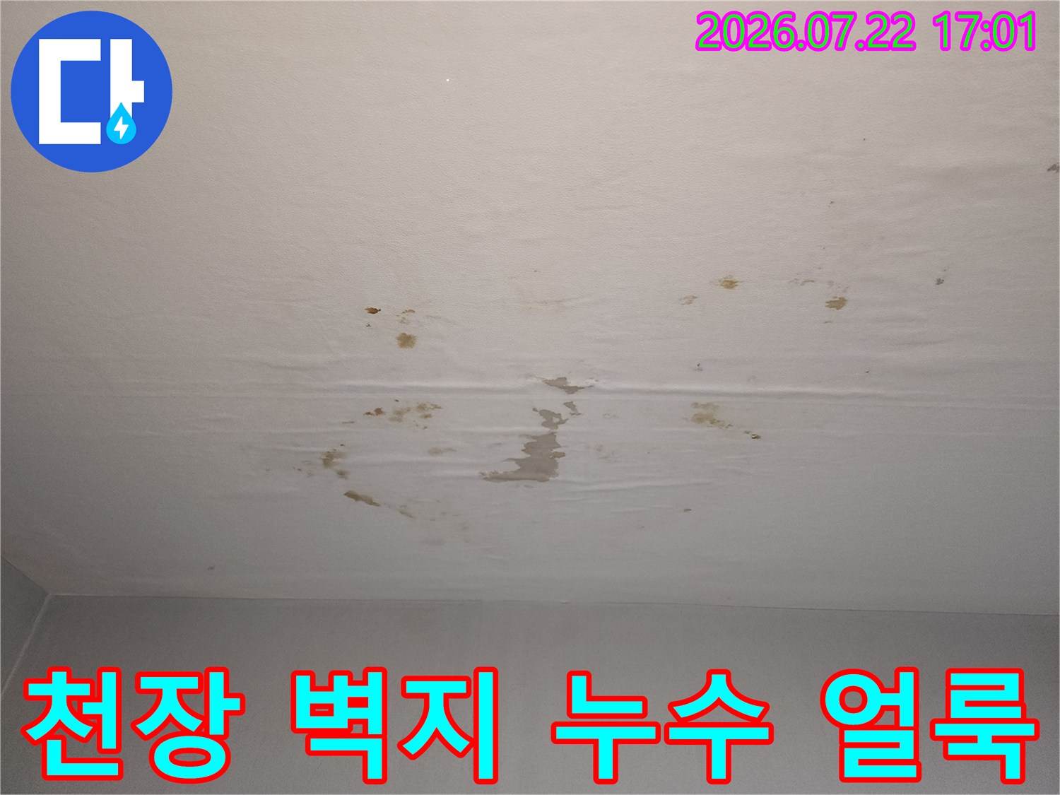 습기로 인해 젖어 들고 변색된 거실 천장 내부 상황