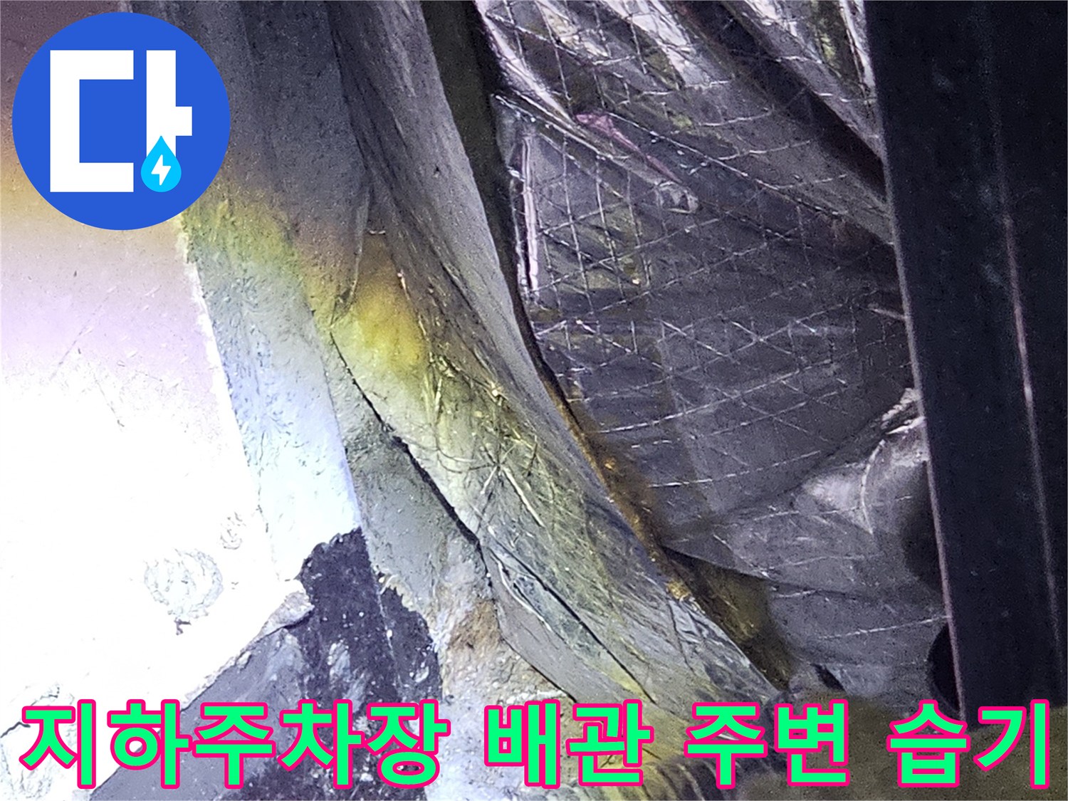성남 분당 현장의 지하 주차장 배관 주변 습기와 균열 상태