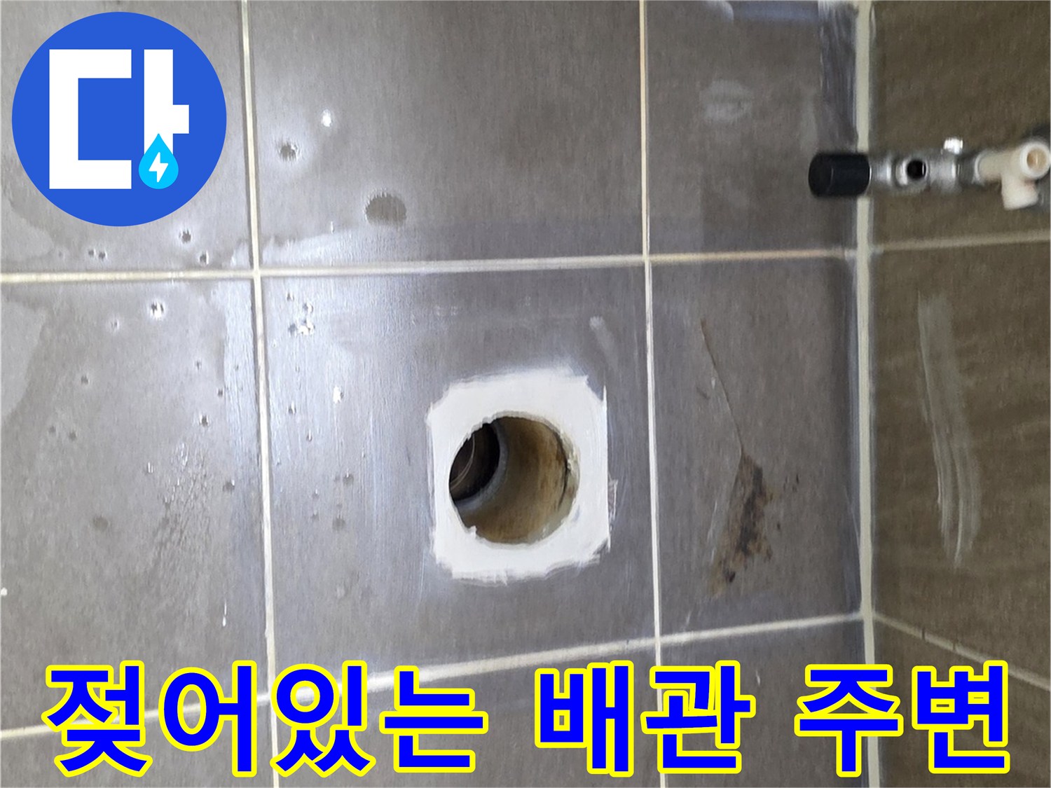 배수관 입구-물기가 스며든 타일 틈새