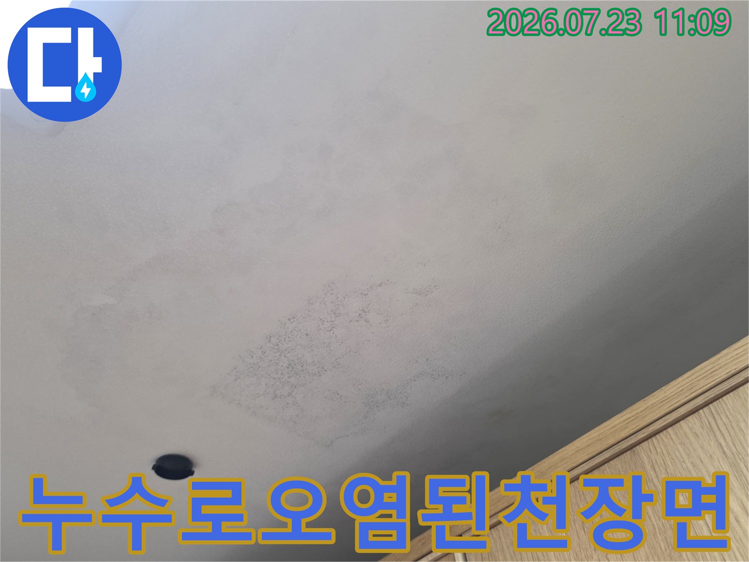 전등-근처-천장에-넓게-퍼져있는-물자국과-습기-흔적들