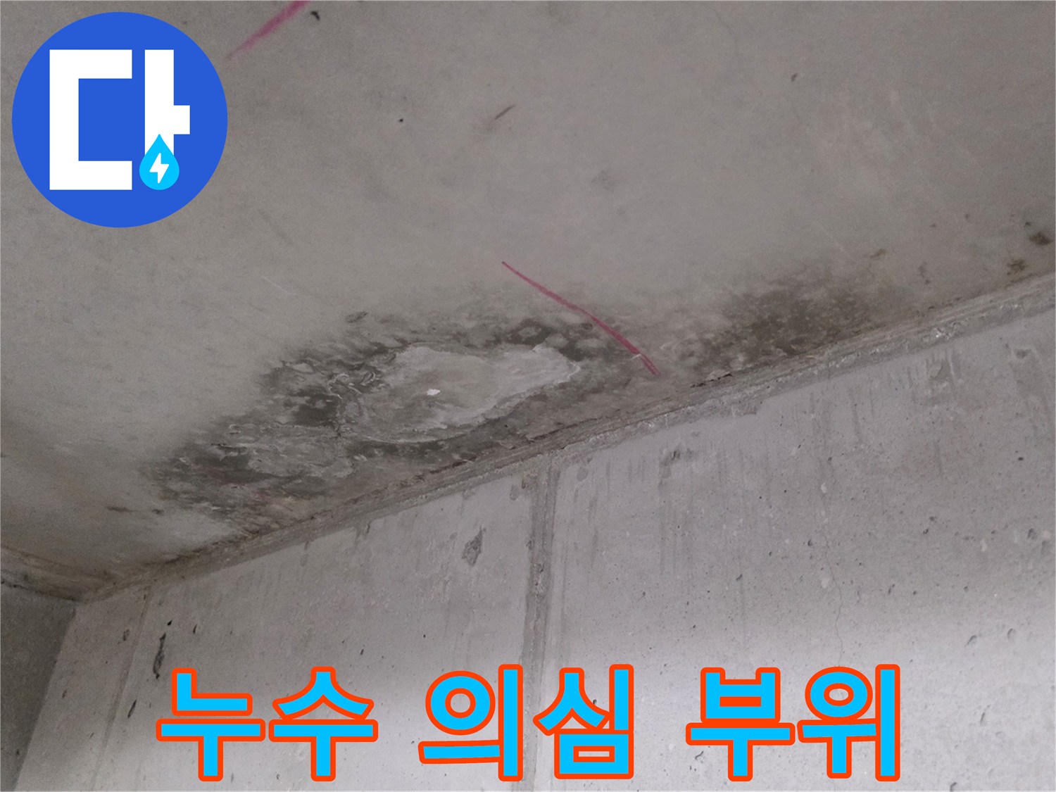 천장 가장자리 부분의 배관 누수 의심 구역