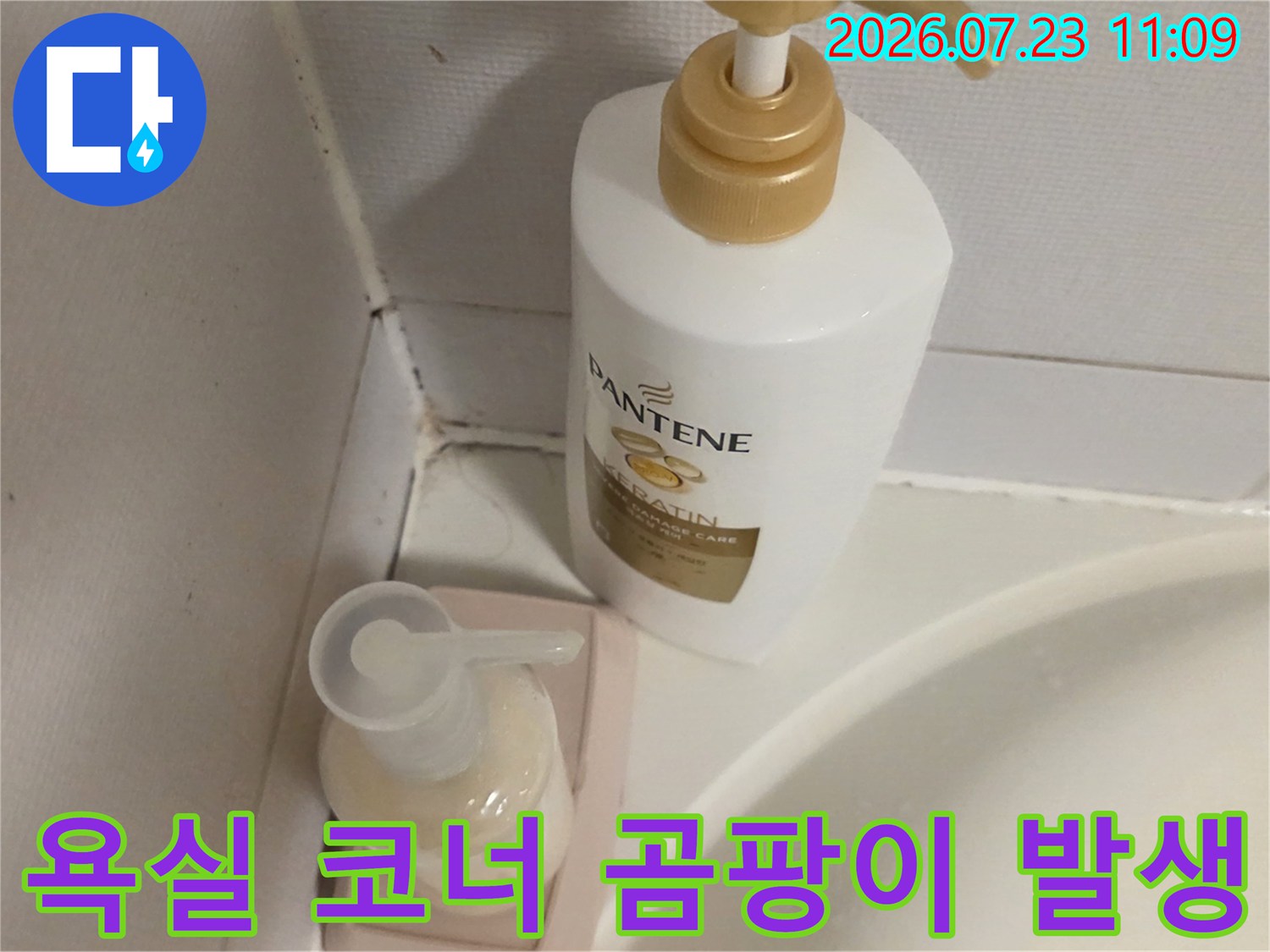 화장실 구석 타일 사이에 낀 검은색 이물질과 습기로 인한 오염 상태