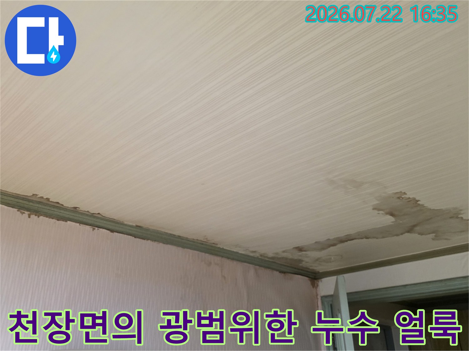 흰색 천장 마감재에 발생한 갈색의 넓은 누수 얼룩과 습기 흔적