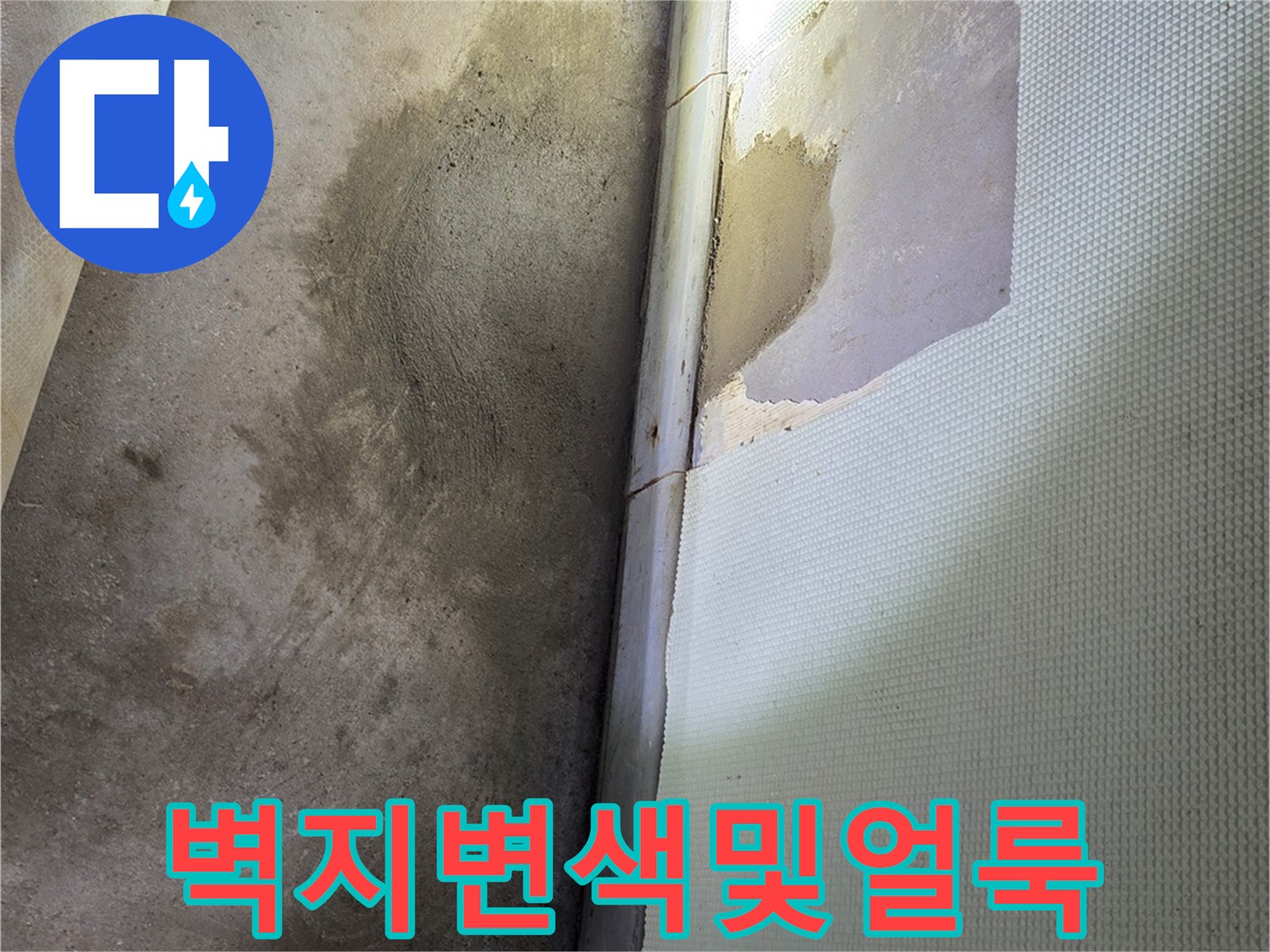 신현동 누수 현장-물기가 스며들어 변색된 벽지 하단부