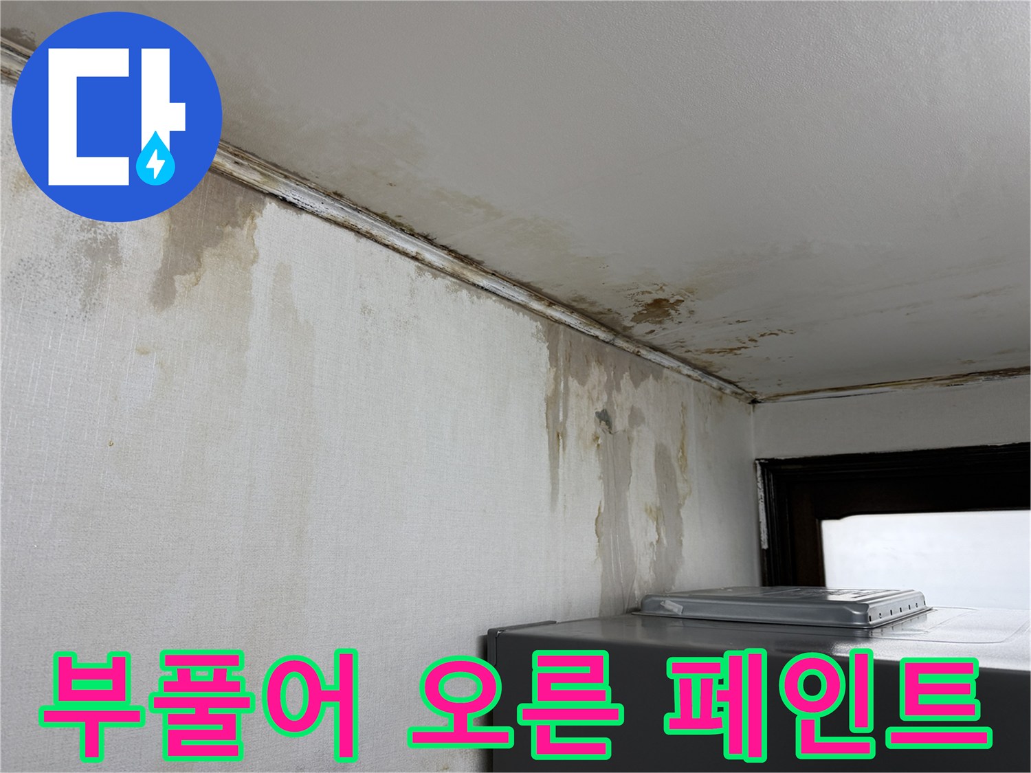 천장 몰딩 주변-습기로 인해 부풀고 떨어진 페인트 마감재