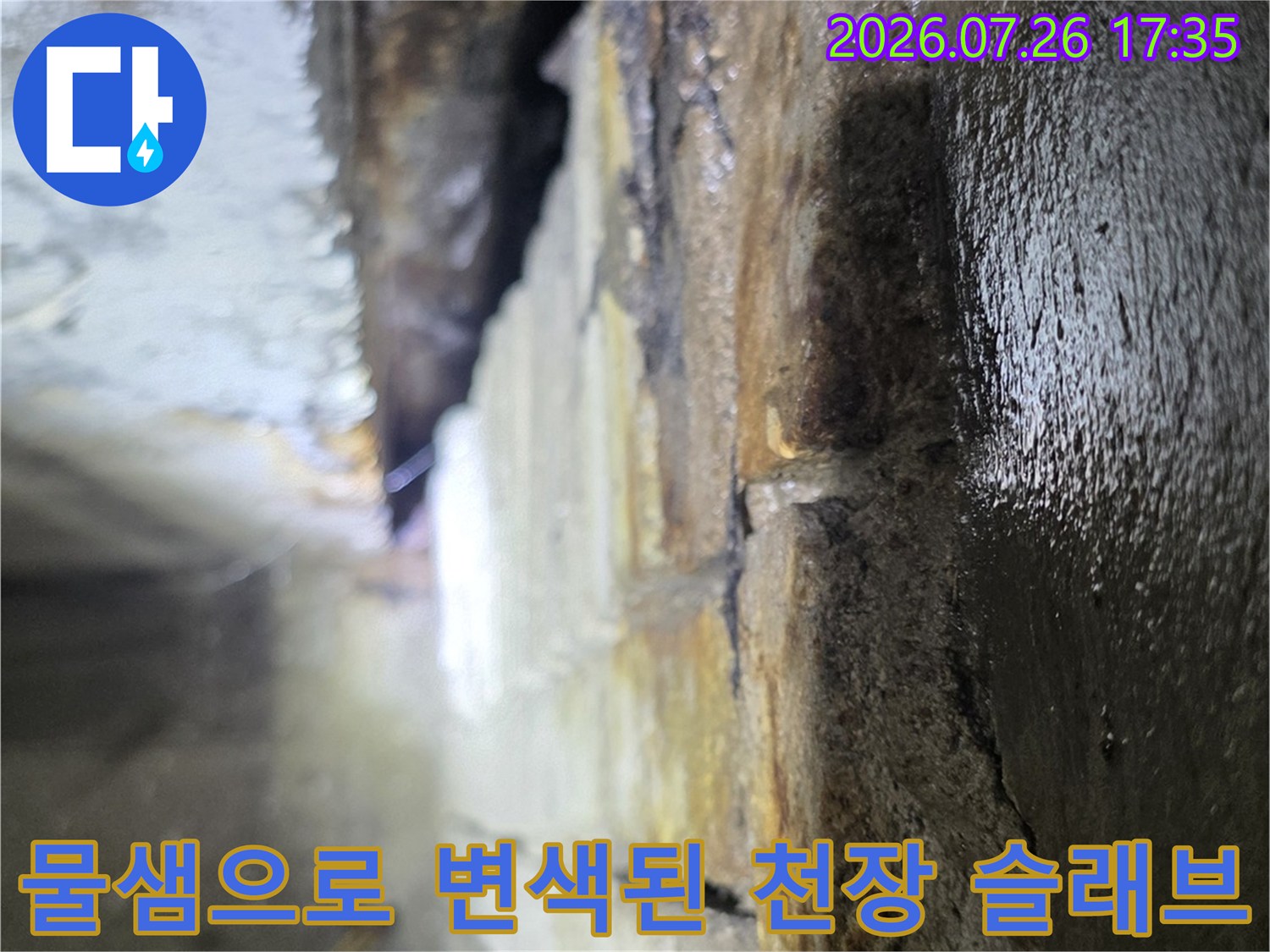 천장 내부 배관 근처 콘크리트가 젖어 있고 어둡게 변색된 모습