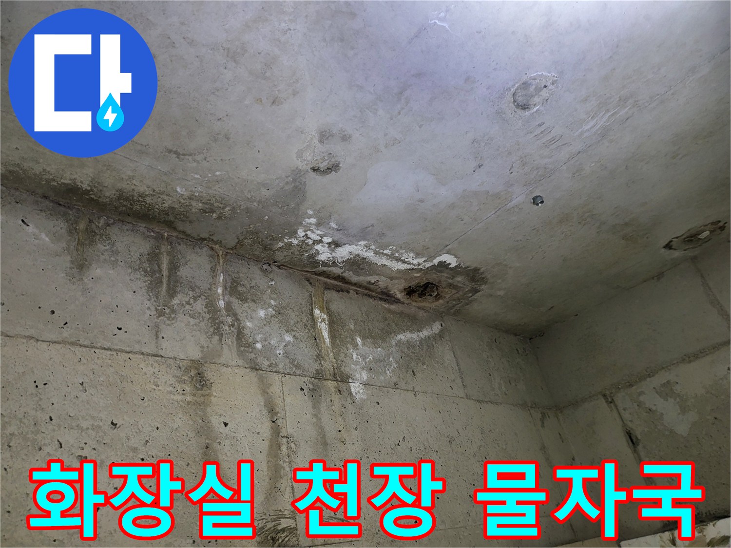 부천 중동 현장의-아랫집 화장실 천장에 나타난 습기와 얼룩 흔적입니다.