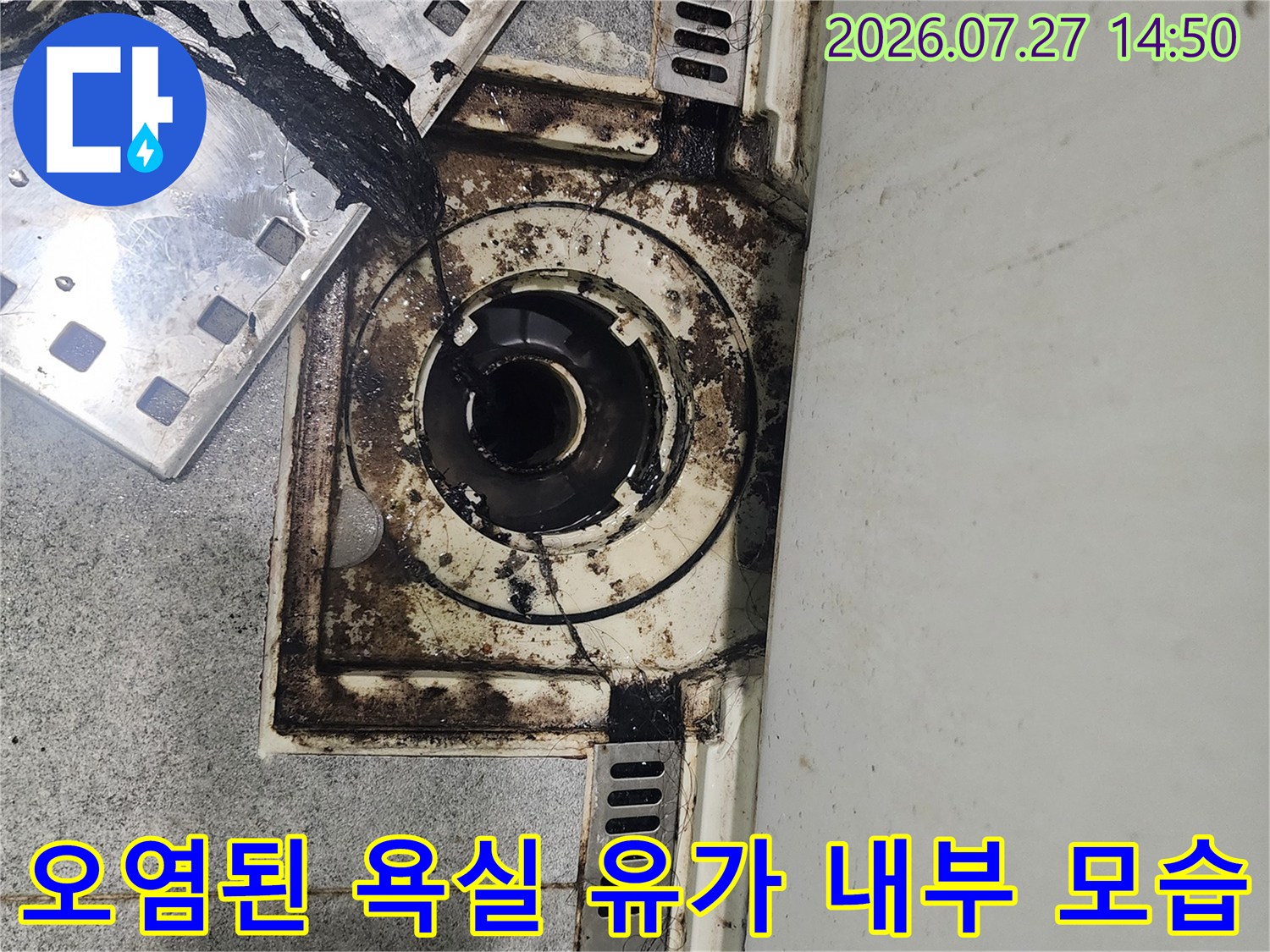 배수구 주변-검은색 이물질과 곰팡이가 섞여 있는 화장실 배수구 사진