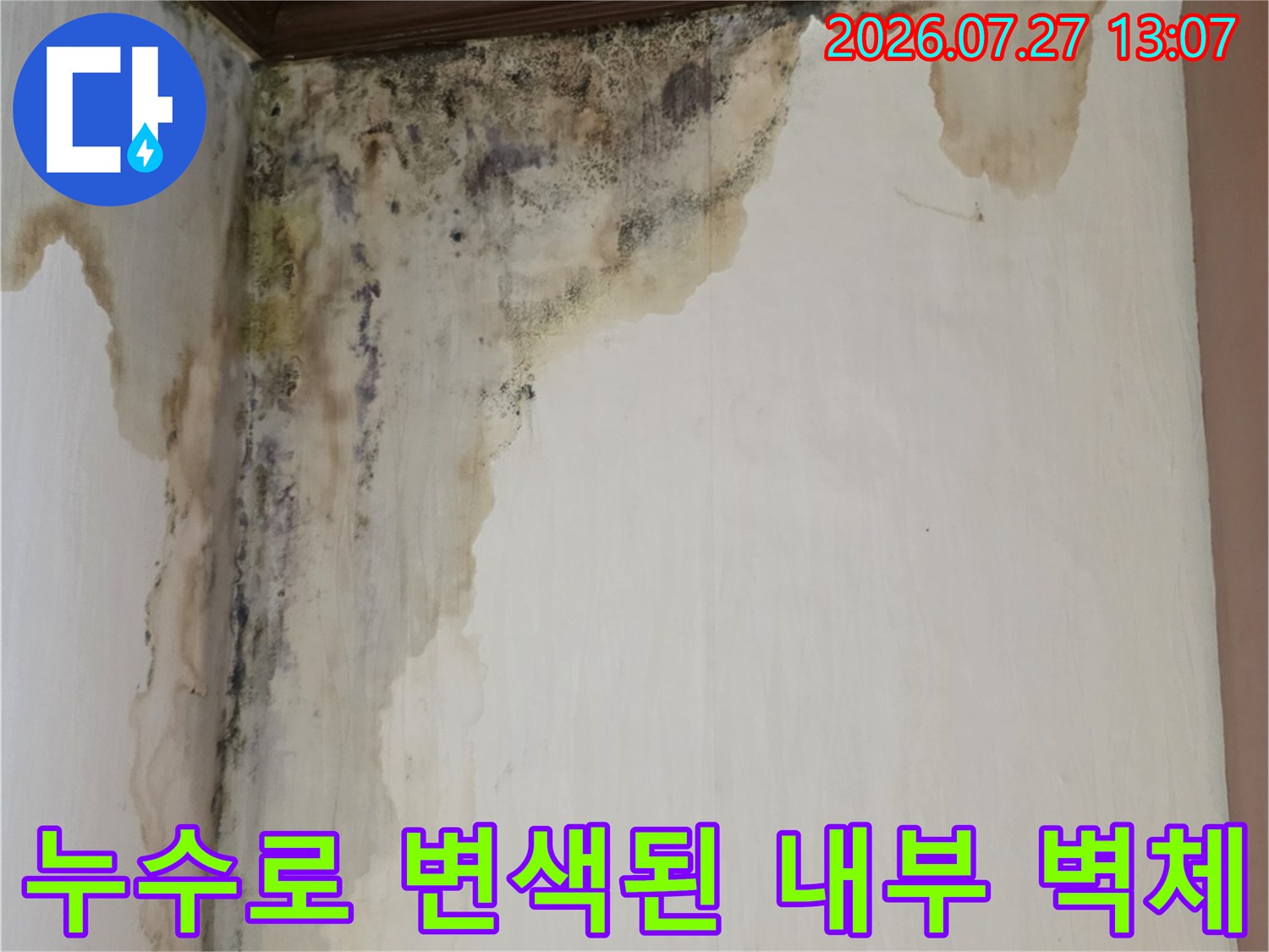 누수가 진행되어 노란색과 검은색으로 얼룩진 벽지와 구석 모서리 부분