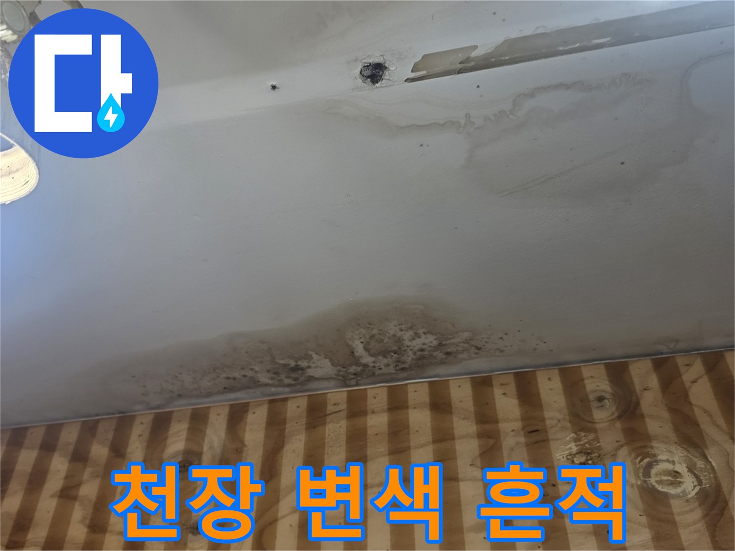 누수 피해로 인해 곰팡이가 발생한 천장 마감 상태