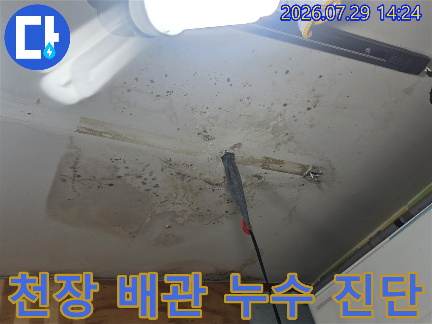 배관 주변의 물자국과 곰팡이로 인한 천장 손상